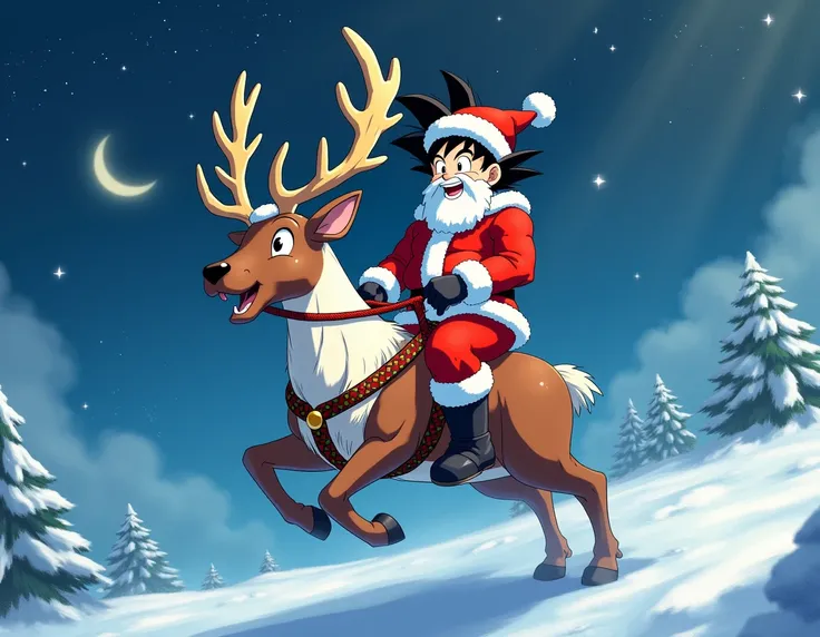 Goku dressed as santa on reindeer
