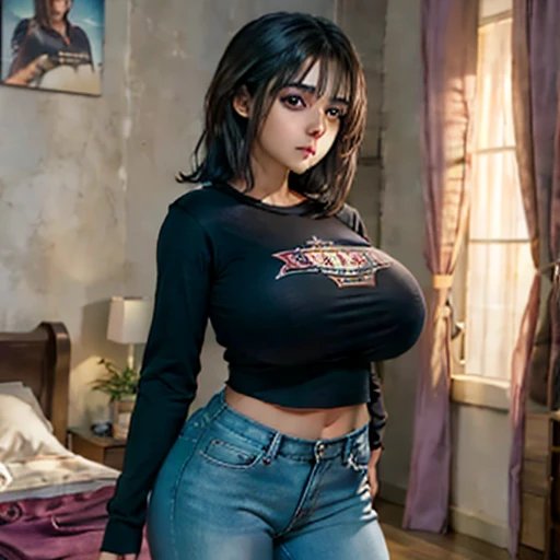 Dark nightmarish movie style, a petite cute shy innocent skinny with monstously huge fat size breasts Mexican nerdy emo teen, short volumetric hair, beautiful detailed brown eyes, cutely detailed lips, super cute highly detailed eyes and face, round shape ...