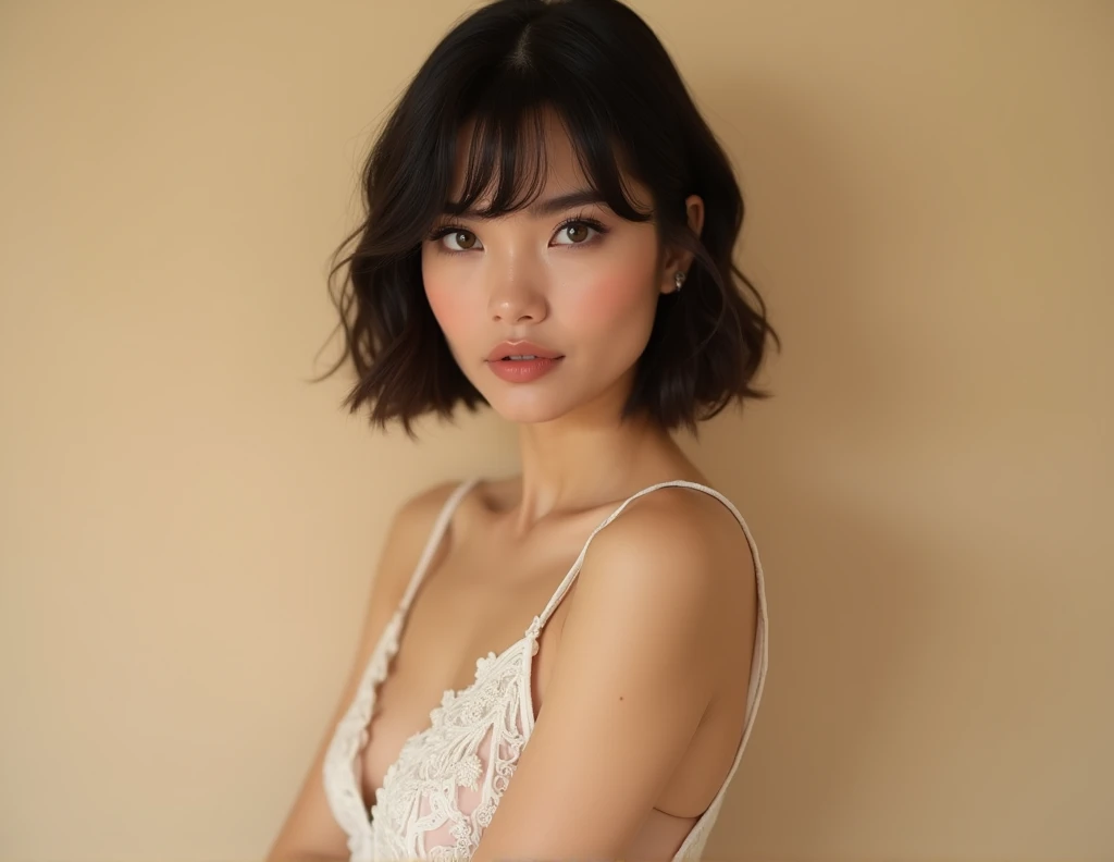 An image of a charming woman with a beautiful haircut and bangs, in a shaving dress with beautiful makeup, posing on a beige background