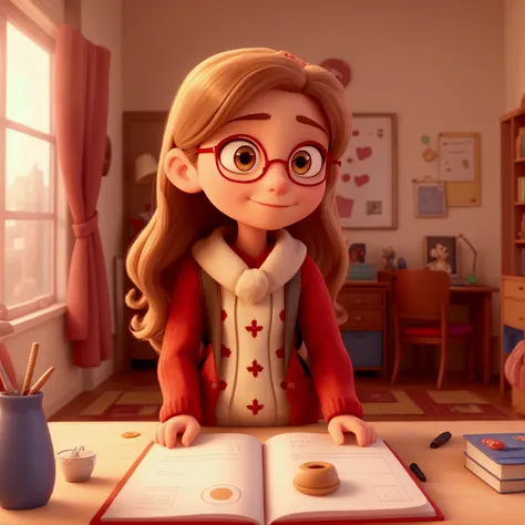  old girl, single, beautiful, long hair, beautiful body, wearing a red sweater, studious. Disney Pixar 3d style. Beautiful bright brown eyes, white skin. Half body away. She has a backpack and holds some notebooks. Her room can be seen in the distance, coz...