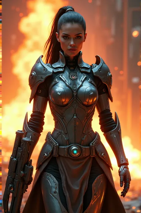 Create an 8K high-resolution image featuring a central female figure in a dynamic, battle-ready pose, holding a futuristic, highly detailed weapon.
The figure should be adorned with intricate, metallic armor resembling advanced military technology, with vi...