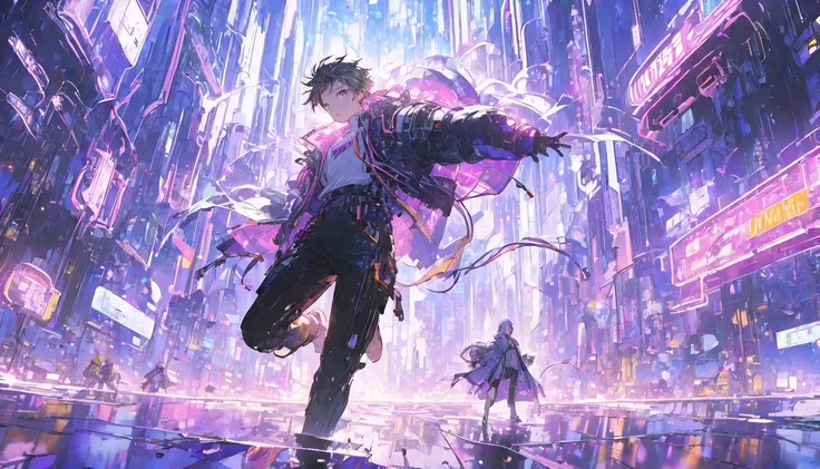 "  animated style dynamic illustrations  、  knight 、  future city where neon shines  を駆け抜ける孤独な男性main characterを捉えている.   he flies A jacket that flutters in the wind  、  jacket flutters in the wind  . The vibrant cityscape in the background includes towering...