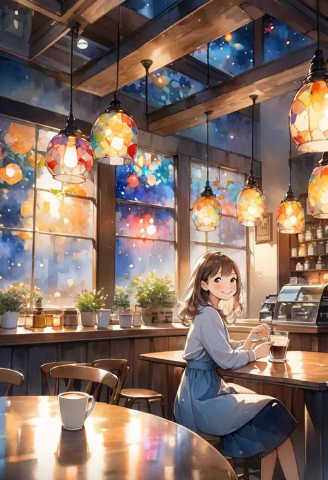 8K Resolution, (Masterpiece) (Top Quality) Watercolor, Coffee shop at night, smiling girl drinking coffee, relaxing, slightly dark interior, stained glass lamp hanging from ceiling, wooden interior, transparent watercolor, cartoon style illustration