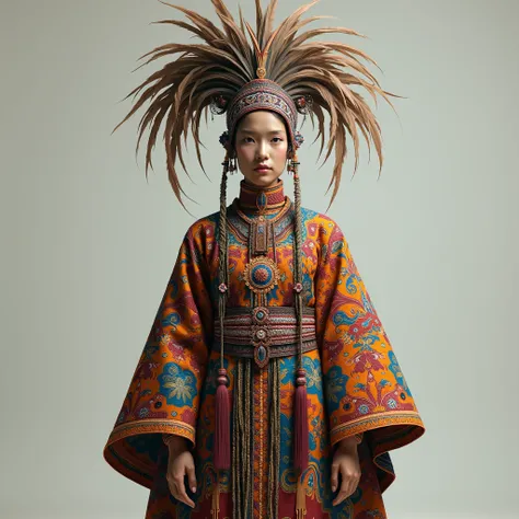 a person wearing a traditional outfit with intricate patterns and a tall, feathered hat.