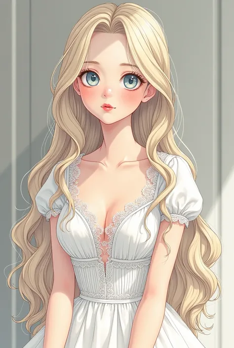 ( masterpiece,  better quality,  High resolution: 1.4) Drawing,  Detailed ,  intricate details, 4k, touch of color, Line art,  high detail . Detail.  Young adult very light blonde wavy hair,  long hair,  very thin body ,  greyish blue eyes , fine features,...