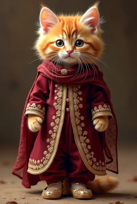 Cute realistic ginger kitten wearing maroon Pakistani full coverage frock and shalwar with  skin embroidery and  dupatta and golden bengles  and  golden pakistani shoes with maroon   embroidery and standing on two feet 