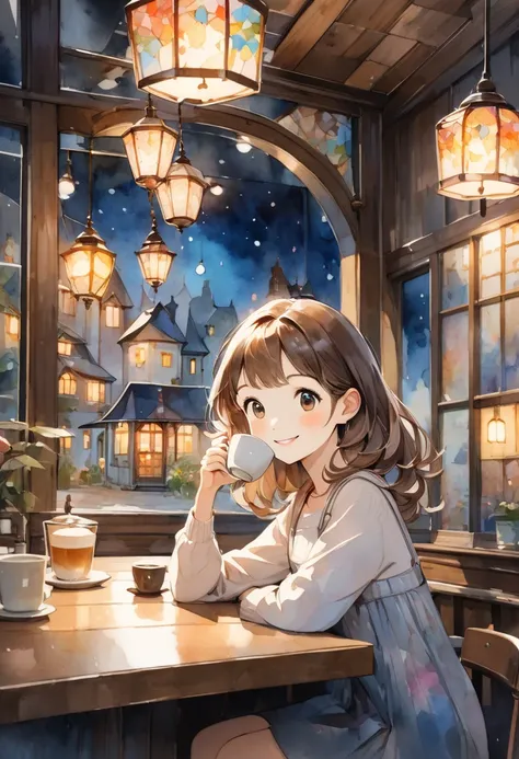 Coffee shop at night, smiling girl drinking coffee, relaxing, slightly dark interior, small stained glass lamp hanging from ceiling, wooden interior, transparent watercolor, French country, cartoon style illustration