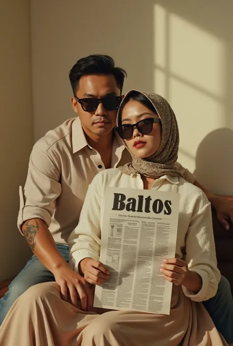 
"A cinematic portrait of a stylish Indonesian couple in a vintage-themed indoor photoshoot. The man, with distinct Indonesian features, wears a striped beige shirt with rolled-up sleeves, revealing a detailed tattoo on his forearm. He leans slightly forwa...