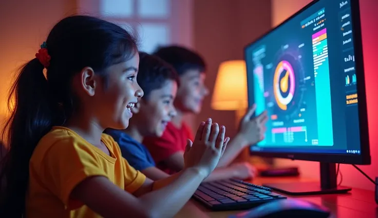 An Indian  (around 6-), wearing a bright cotton frock (for girls) or shorts and a t-shirt (for boys), watches the computer complete a task (like solving a puzzle) in seconds. The  cheers with excitement, clapping their hands. The screen shows colorful digi...