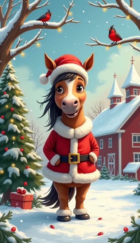 A cute horse is dressed as Santa 。 there are birds on the branches of the Christmas tree singing。Winter farm 。