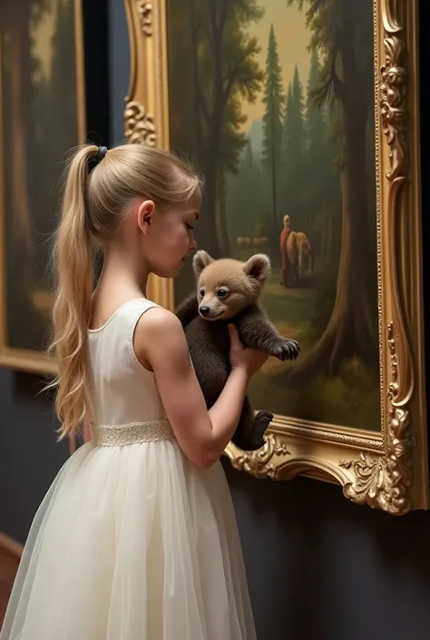  Ultra realistic photo .  At the Tretyakov Gallery


macro shot . Ultra HD,  The frame on the wall at an angle with Shishkins painting “Morning in a Pine Forest” .  In the foreground is a close-up of the painting ,  Little Bear Cub,  crawling out of the pi...