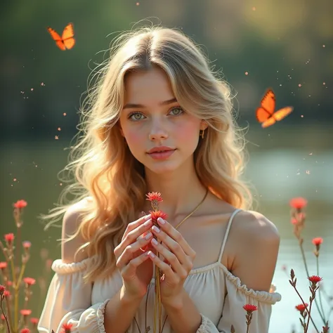  The image presents a young woman with a delicate and angelic appearance in an environment in the air Free,  bathed in a soft, ethereal light .  She has long, wavy hair in a golden blonde shade ,  that fall naturally on her shoulders , She holds with her t...