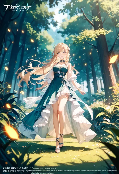  One girl , ,,Smile more,  highdefinition images, woman,  her hair is adorned with glowing fireflies , Captivatingly shining eyes. Wearing a gown woven with moonlight,  she is standing in a mysterious forest 、There, the tree 々 is moving vividly . scene,  w...