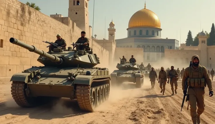 afgan muslim army invade isreal with tanks in front of al aqsa mosque 