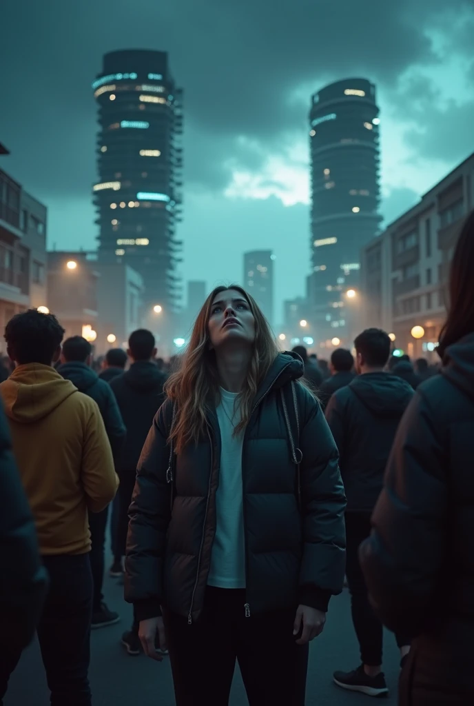 "A tense and eerie atmosphere, a crowd of worried citizens gathered outside their homes, all gazing upward with fear and confusion. The background features futuristic skyscrapers with glowing neon lights, towering against a dark and stormy sky. The scene i...