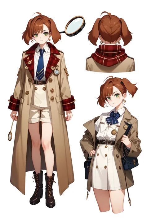 full body, femboy, fully clothed, An illustration, (masterpiece、最high quality、high quality), pure white background, Character design, Character sheet, Floppy dog ears with soft fur texture, fluffy tail. A tailored, double-breasted trench coat in muted brow...