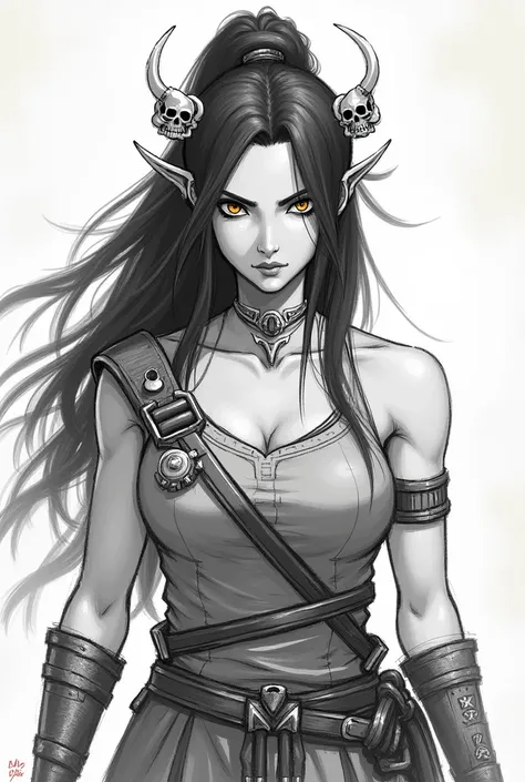 Female warrior with skull accessories in her hair,sketch style front image 