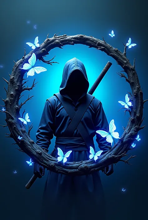 Create 3D illusion circle logo of ninja emblem with butterfly with blue font and flashing, High realism images of butterflies. Fantasy style