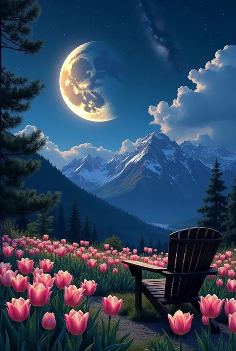 Large Half moon in night sky one tail star and milkyway  galaxy , pink ,white, yellow  tulip flower garden glowing because the moon light and edge of flower garden has wooden garden chair can see beautiful mountian view with stars on it 