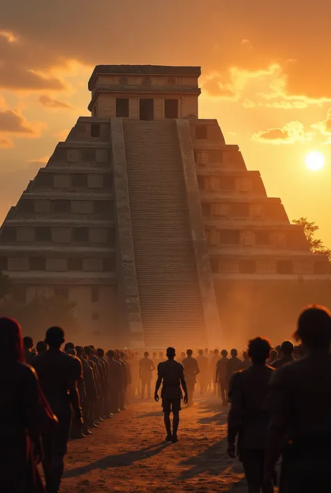 A somber execution scene framed against the backdrop of a grand Aztec temple during sunset. Guards escort the condemned, while a crowd watches solemnly. The intricate carvings on the temple glow in the fading light, and the atmosphere is both reverent and ...