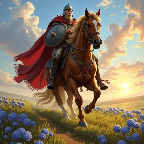  The long plan , frontal view,  Sunset, Ilya Muromets , hero, Kievan Rus , Ancient Rus&#39;, a wide field with pale blue flowers,  lots of colors, a rider quickly gallops along the ass,  dynamic camera angle ,  lines of motion , a horse tramples flowers wi...