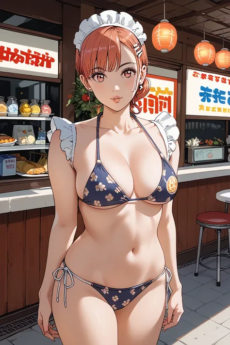 a woman in the style of an illustration of a girl drawn by Hisashi Eguchi、Street Corner、 bikini、Summer beach、 Fast Food Restaurant、Maid、 bikini店員、 20 year old Japanese woman