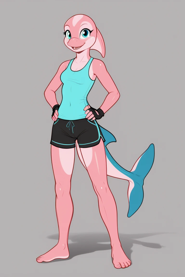  anthropomorphic female dolphin  , pink skin,  light pink skin on the front,   fingerless feet  , Dolphin tail  , dorsal fin , Dolphin head,   hourglass figure  , Exhausting,   a sleeveless shirt cyan  ,   tight black shorts  , barefoot, Standing,  full bo...