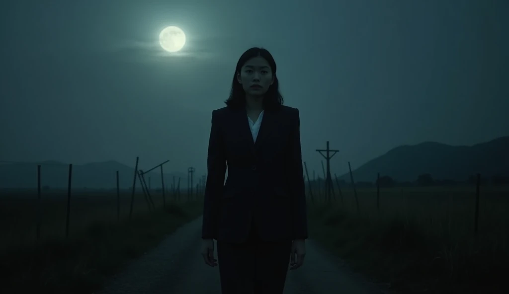 Live action, Japan, midnight, rural, woman in suit. They are scared. The woman is alone. Eerie atmosphere, dark throughout.