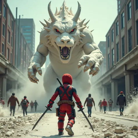 a boy with red hair and a deadpool costume, fighting a giant dragon made of white flour while holding his two swords, location in the middle of the city, people running, buildings destroyed, highways cracked and destroyed, tense cinematic atmosphere and hi...