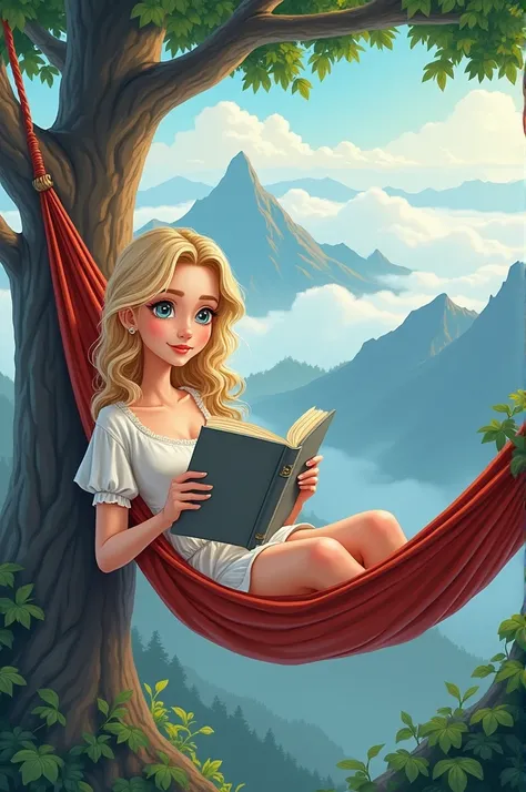 Image type cartoon.  A young woman with gray eyes and long blond Venetian hair is reading a book in a hammock.  The hammock is located in an isolated tree at the top of a high mountain , Overlooking the clouds .  The cover of the book is gray 