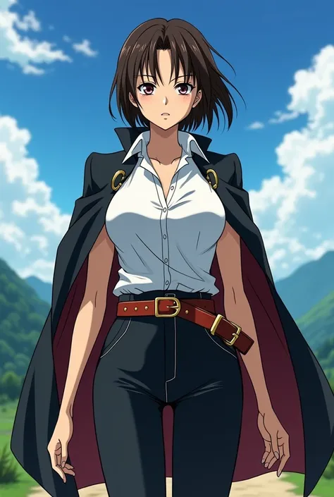  Anime-style animation one piece toei animation,  attractive woman with beautiful mature body with big hips, pretty waist and BIG BREASTS  ,linda , with short hair dark brown hair and very beautiful , 29 year old fair skin ,  dressed in a white button-down...