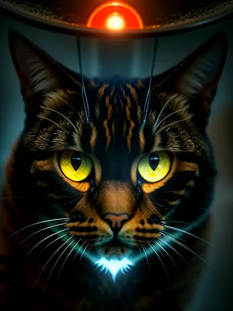 A close-up portrait of an orange cat in a parallel universe, hyper detailed, cinematic, dramatic lighting, intricate sci-fi environment, neon lights, floating islands, alien architecture, glowing crystals, volumetric fog, futuristic, highly detailed, photo...