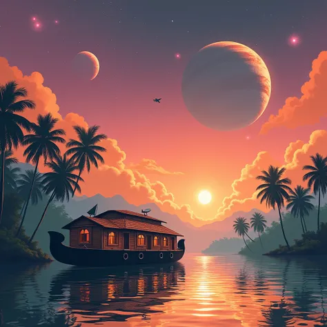 1950s retrofuturistic illustration, long shot view of a traditional keralan houseboat with a satellite dish on the roof in a lush alien planet similar to kerala, alien kerala light orange bubbly backwaters landscape background, faraway outline of alien bir...