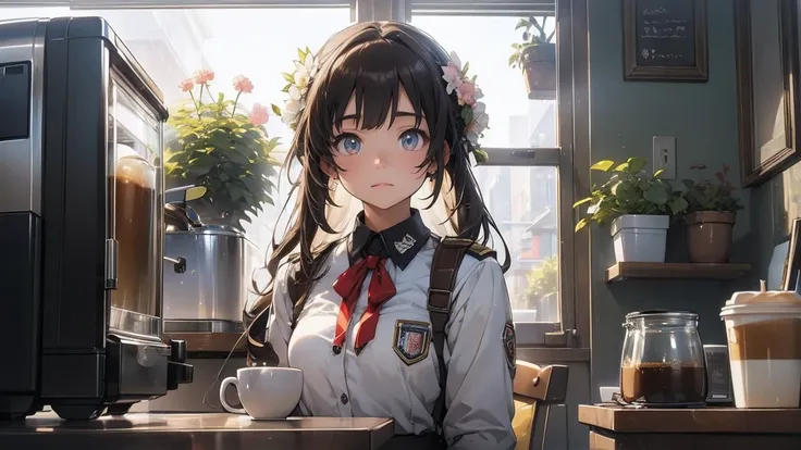 rating_safe, score_9, score_8_up, score_7_up, source_anime, masterpiece, best quality, solo, 1girl, wondering face (she is wearing uniform at the coffee shop) ( standing at the coffee machine, soft smile, close up shot) coffee shop full of flower and plant...