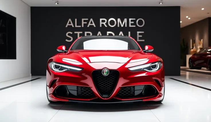  A captivating image of a Saleek design 2025 model , taking  stage in a luxurious white showroom. The vibrant “Alfa Rosso Red” exteriorgleams, accentuating the cars sleek, aerodynamic design and striking accents. The Alfa Romeo Stradale"Alfa Romeo Stradale...