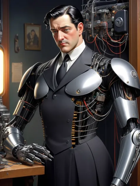 ((best quality, masterpiece)), retrofuturistic elegance, john singer sargent anime illustration, 1man, solo, cyborg Jeeves repairing his own arm, panel open with wires exposed, non-human android butler, black suit with plain black necktie, young Stephen Fr...