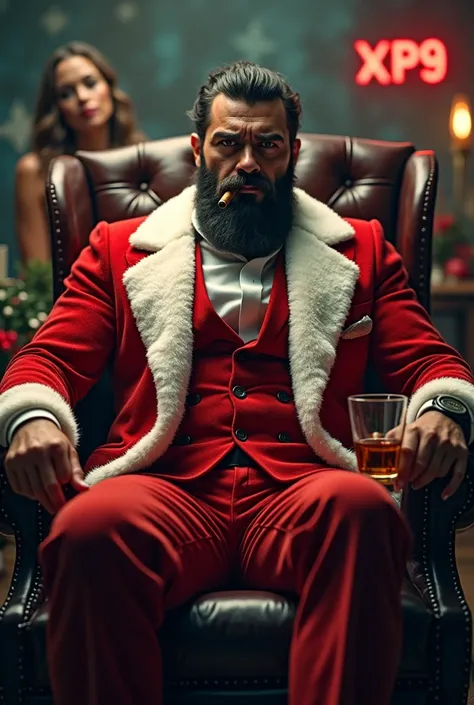  man on the throne Christmas suit black hair full beard cigar in mouth, Whiskey in der Hand, A woman in the background Christmas mood XP9 sign 