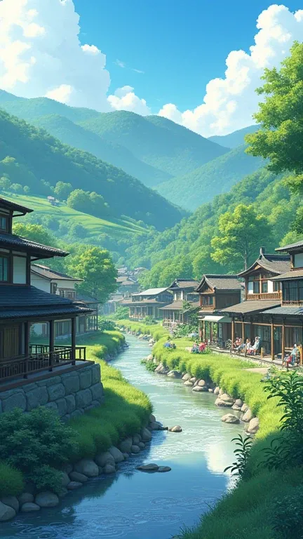 Generate a 8k quality anime style chill, relaxing , cool and enjoying village or hill station images in 9:16 ratio