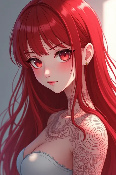 Young anime woman with long red hair with QoS tattoos on her body 