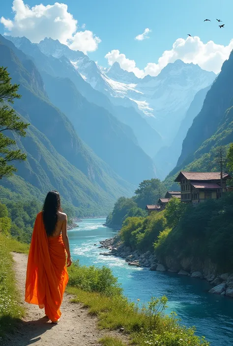 A serene Himalayan landscape with towering mountains and lush greenery. Mata Parvati, dressed in simple saffron attire, is seen walking gracefully down a mountain path toward a quaint village. Her face glows with divine energy, and her presence creates an ...