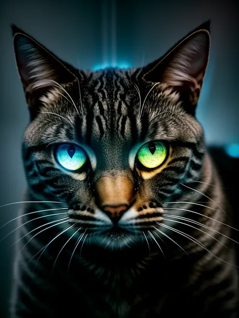 A close-up portrait of a grey cat in a parallel universe, hyper detailed, cinematic, dramatic lighting, intricate sci-fi environment, neon lights, floating islands, alien architecture, glowing crystals, volumetric fog, futuristic, highly detailed, photorea...