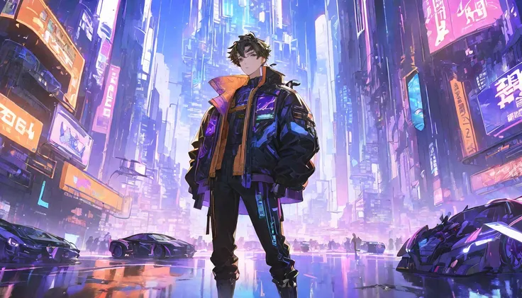  rich contrast between dark colors and bright light       、  knight 、      future city where neon shines ,都市を を駆け抜ける孤独な男性main characterを捉えている, handsome, add a fly jacket   . The vibrant cityscape in the background includes towering skyscrapers adorned with...