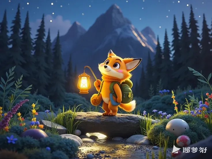 Camera description ： The little fox carrying a backpack ，Portable Lantern， stops in front of a big rock， and met a little bear who was repairing a car 。 The little bear heard that the little fox was looking for stars ，Decided to help 。
 scene settings ： Ne...