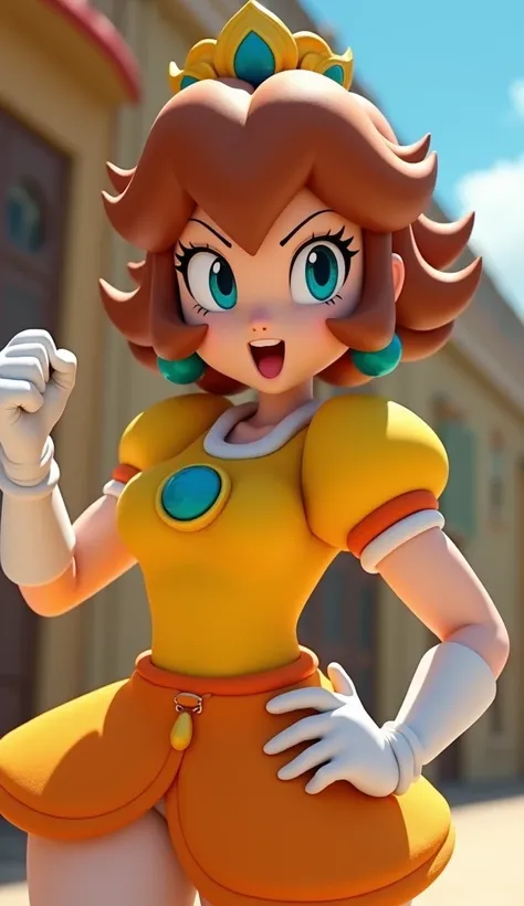 realistic live-action, cinematic lighting, Canon EOS 5D Mark IV photography, Princess Daisy from Super Mario, short brown hair, yellow and
orange dress, athletic, energetic expression, turquoise earrings and brooch, white gloves, determined gaze, Sarasalan...