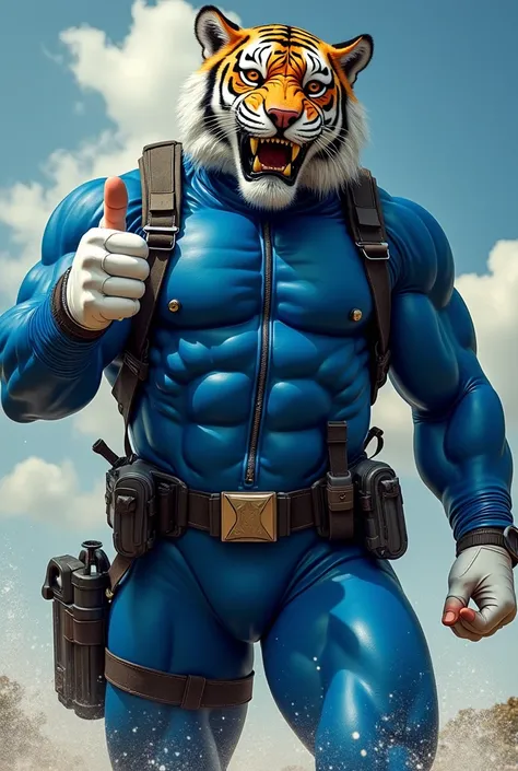 (A rugged beefy extremely muscular bulky old man), (wearing blue fullbody zipper wetsuit), (wearing realistic roaring tiger mask), thumbs up pose,  wearing bulky scuba gear, muscular physique, toned muscles, fierce, heroic, action, comic artstyle, bulky be...