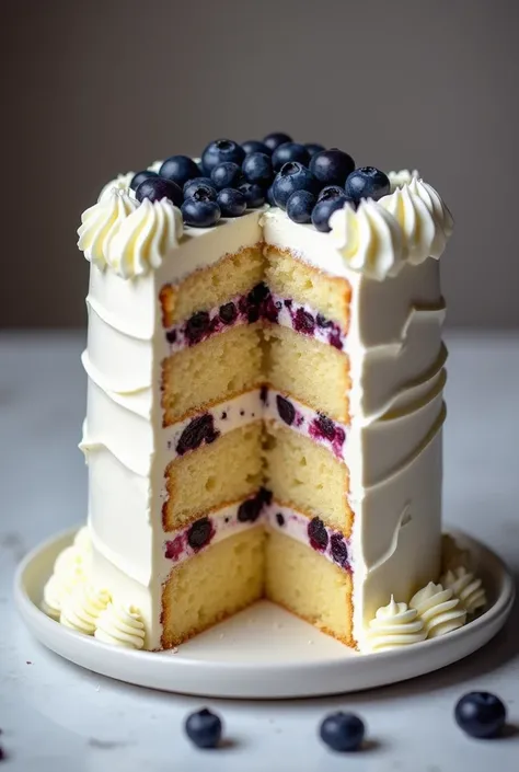 Raw photo) white chocolate cake with three layers of cake and covered with white ising down layer is large and midle is smaller than down and top layer is smaller than down layer top of it has blueberries and cherries and whipping cream cake will cover wit...