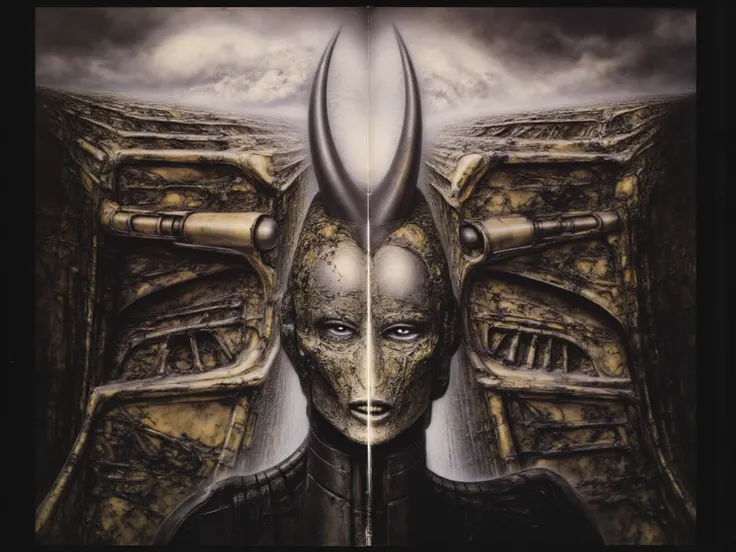 H. R. Gigers g1g3r, , Giger_style,  , The image is a detailed view of H.R. Gigers " Li II  " plate, featuring HRGGR, H.R. GIGER.  g1g3r 3t3rn1ty,alien creature, dark alien architecture machine (best quality:1.4). Gigers biomechanical tableau features a clo...