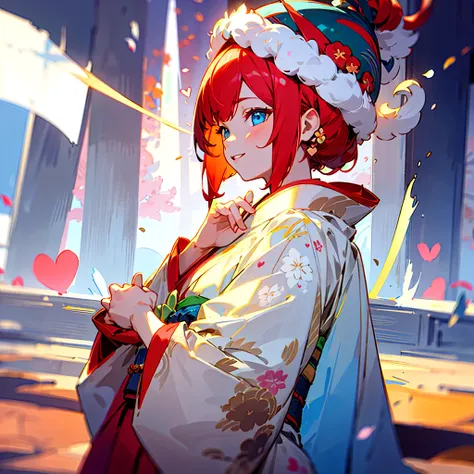   1 girl、Girl、 wearing a kimono with red hair  、   kimono is a furuso with a happy New Year pattern、 Shoulder-length hair、 blue eyes、 bright smile、 The hair ornament is a cherry blossom 、   posing making a heart with both hands   、    sitting upright facin...