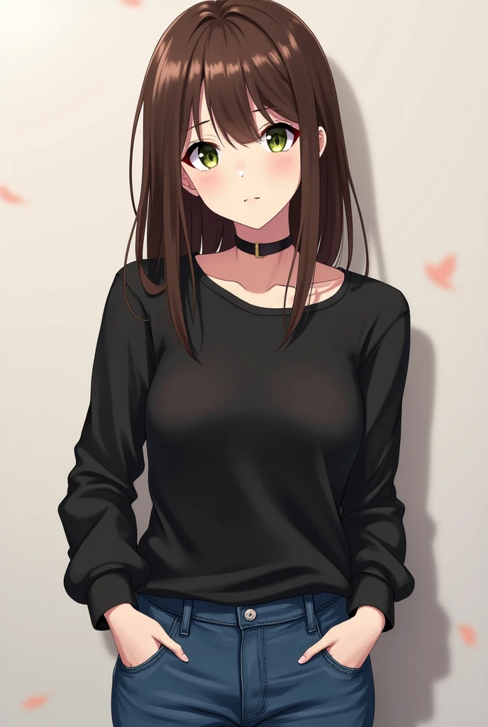  female anime character with long sleeve black t-shirt and blue jeans,  Brown Hair สั้น, Neck length , Green eyes,  Digital painting inspired by Tomer Hanuka , Trending on pixiv ,  serial art ,  close up heavy stance style ,  Full detail ,  Wearing Casual ...