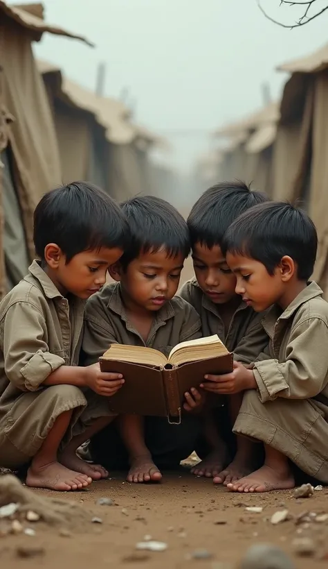 Five four-year-old ren, dressed in rags, sit reading an old book together in a refugee camp. The ragged tents